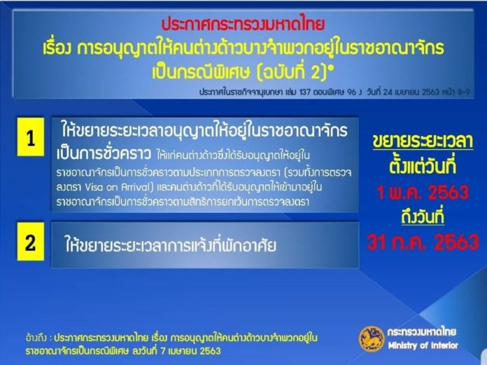 ประกาศกระทรวงมหาดไทย เรื่อง การอนุญาตให้คนต่างด้าวบางจำพวกอยู่ในราชอาณาจักรเป็นกรณีพิเศษ (ฉบับที่ 2)