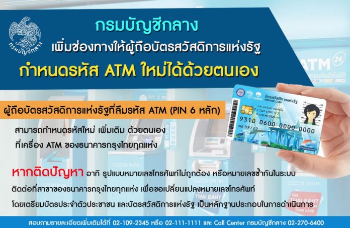 กรมบัญชีกลาง เพิ่มช่องทางให้ผู้ถือบัตรสวัสดิการแห่งรัฐ กำหนดรหัส ATM ใหม่ กรณีลืมรหัส