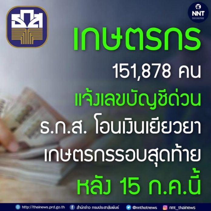 เกษตรกร 151,878 คน แจ้งเลขบัญชีด่วน!! ธ.ก.ส. โอนเงินเยียวยาเกษตรกร รอบสุดท้าย 15 ก.ค.นี้