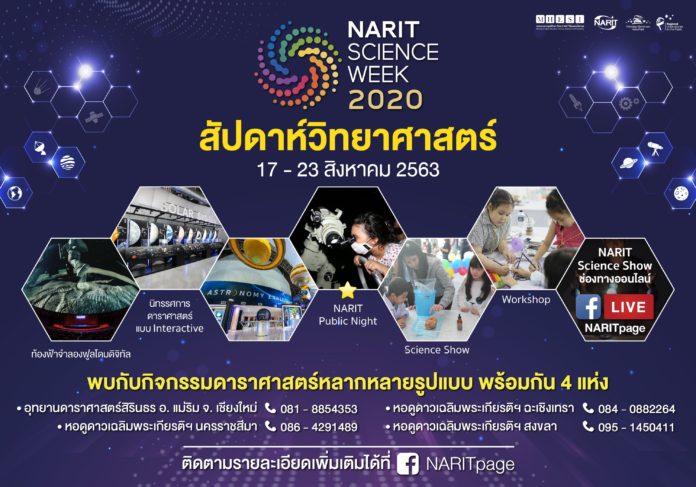 สดร. ชวนเที่ยวงานสัปดาห์วิทยาศาสตร์ “NARIT SCIENCE WEEK 2020” 17 - 23 สิงหาคมนี้ จัดใหญ่พร้อมกัน 4 ภูมิภาค