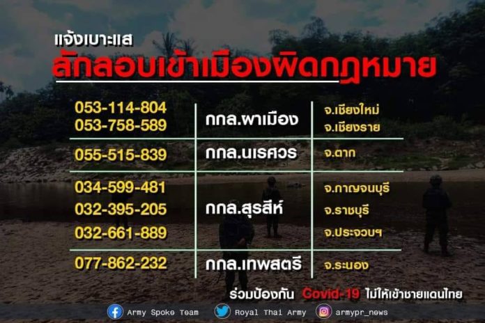 ทบ.วอนประชาชนจับตา คนต่างด้าวลักลอบเข้าเมืองผิด กม.ไม่ผ่านการคัดกรองโควิด แจ้งเบาะแสที่ กกล.ชายแดน ทบ.