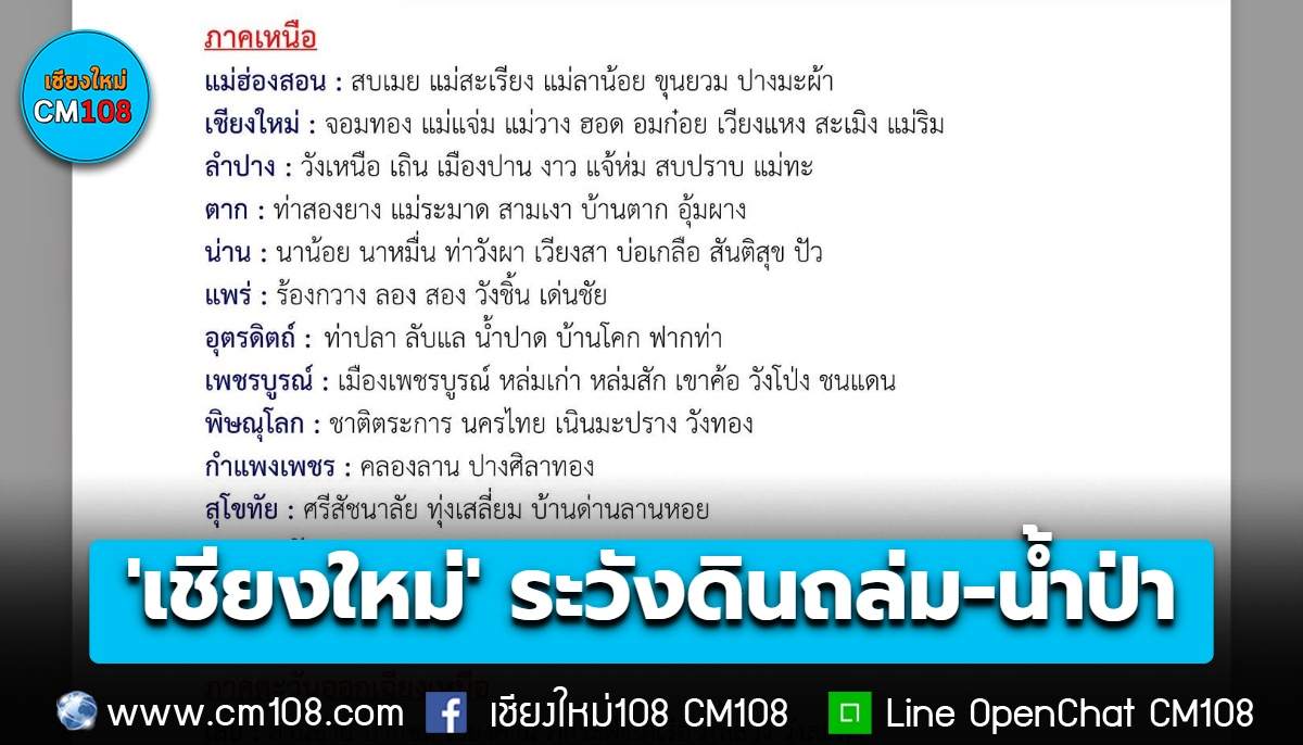 เตือน! “เชียงใหม่” 8 อำเภอ! ระวังดินถล่ม-น้ำป่าไหลหลาก ช่วง 19-21 ก.ย. 69