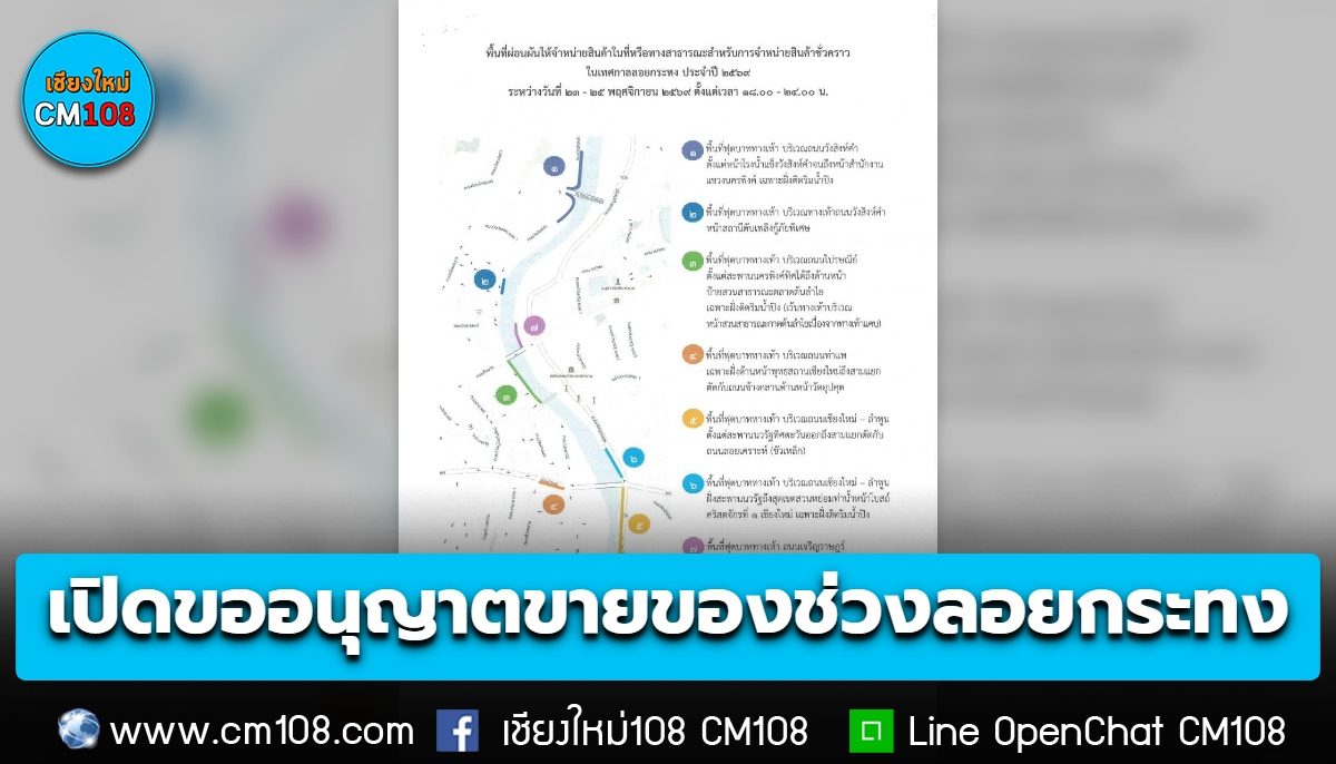 เปิดขออนุญาต “ขายของช่วงลอยกระทง” 19-20 พ.ย. 69 นี้ ที่สนามฟุตซอล สนามกีฬาเทศบาลนครเชียงใหม่