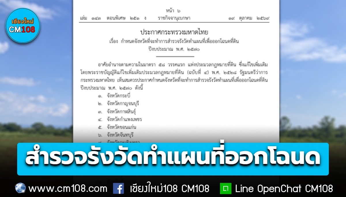ราชกิจจาฯ เผยแพร่ประกาศกระทรวงมหาดไทย กำหนด 69 จังหวัด สำรวจรังวัดทำแผนที่ออกโฉนดที่ดินปีงบฯ 70